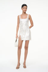 Pearl sequin fringe mini dress front view with tote bag, square neckline