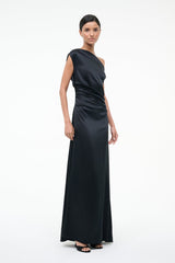 Black one-shoulder silk maxi dress with draped cowl neckline and fitted waist