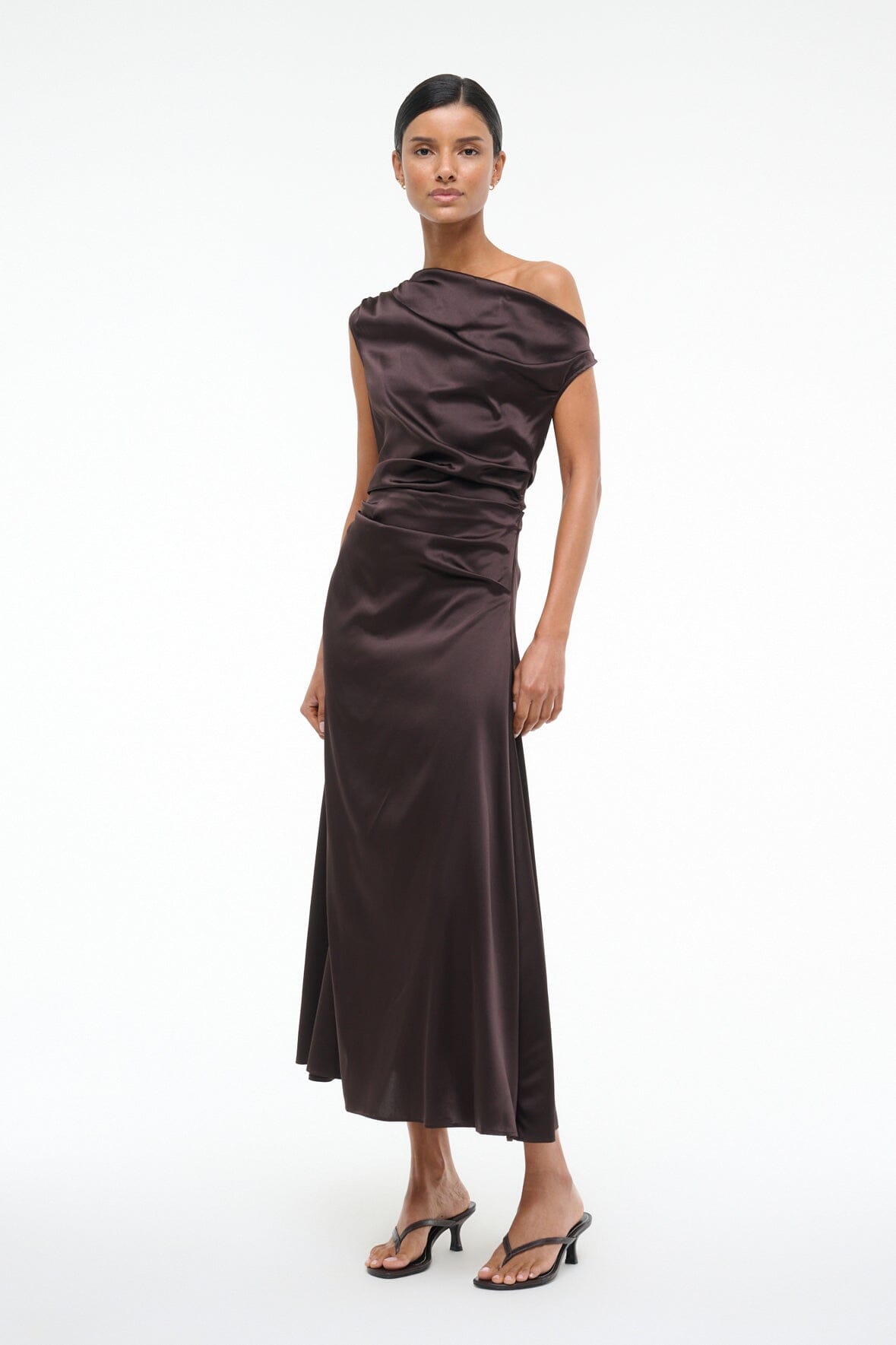 Silk midi dress in dark brown with off-shoulder drape and ruched waist detail