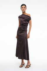 Silk midi dress in dark brown with off-shoulder drape and ruched waist detail