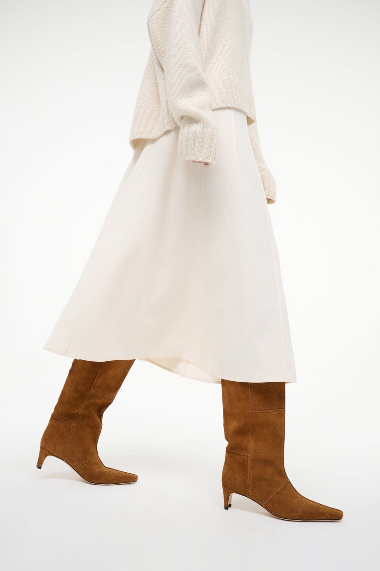 WALLY BOOT patchwork tan suede knee-high boots with pointed toe and slim heel