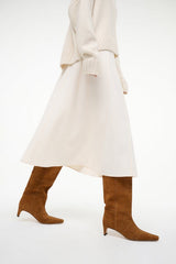 WALLY BOOT patchwork tan suede knee-high boots with pointed toe and slim heel