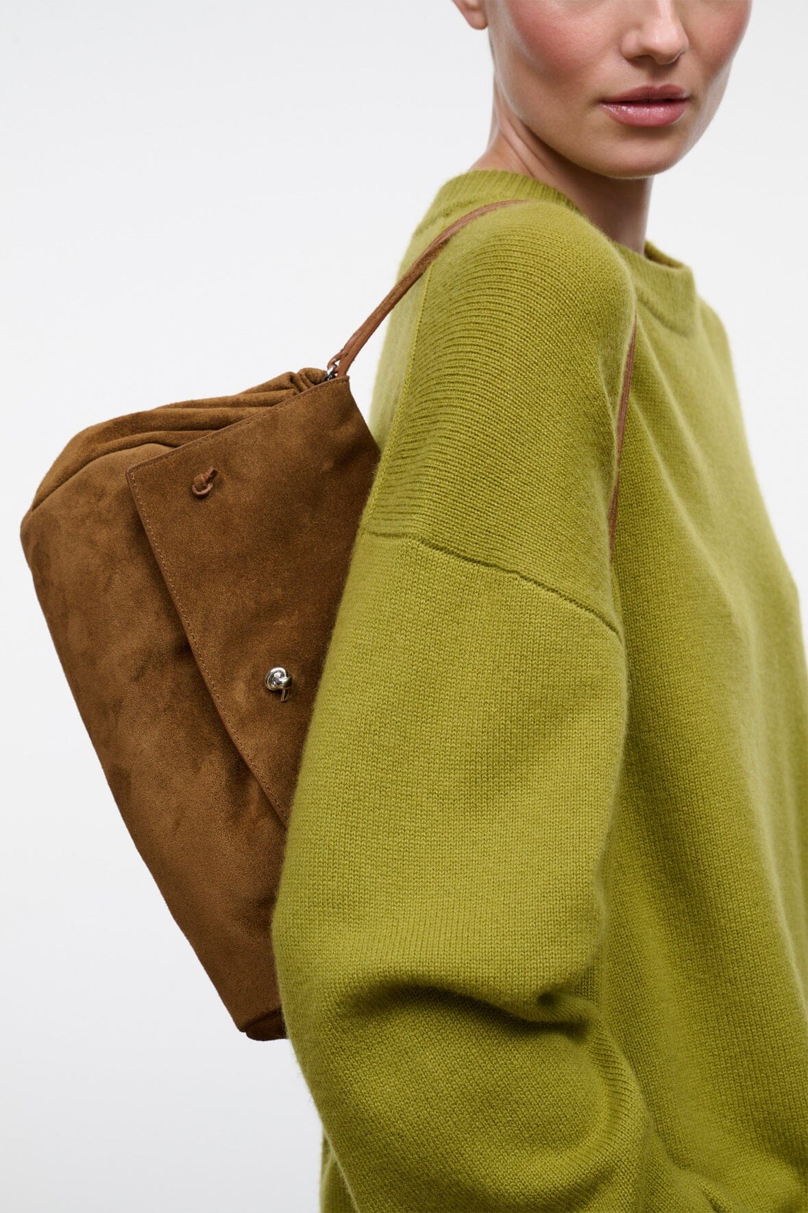 Cigar brown suede crossbody bag with flap and snap, short top handles