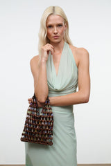 Multicolor beaded mini tote bag with dark braided handles
