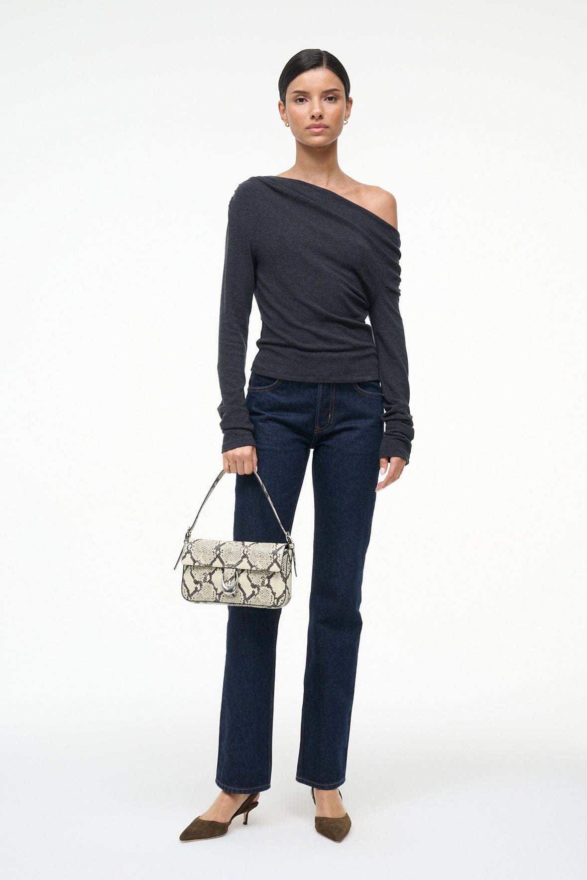 Harlow bag with one-shoulder strap, white snake-print flap and silver clasp