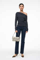 Harlow bag with one-shoulder strap, white snake-print flap and silver clasp