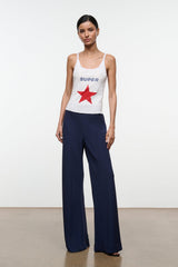 Navy wide-leg stroll pants with smooth front and wide hems