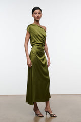 Phare silk dress, dark olive, one-shoulder drape, ruched waist, midi length