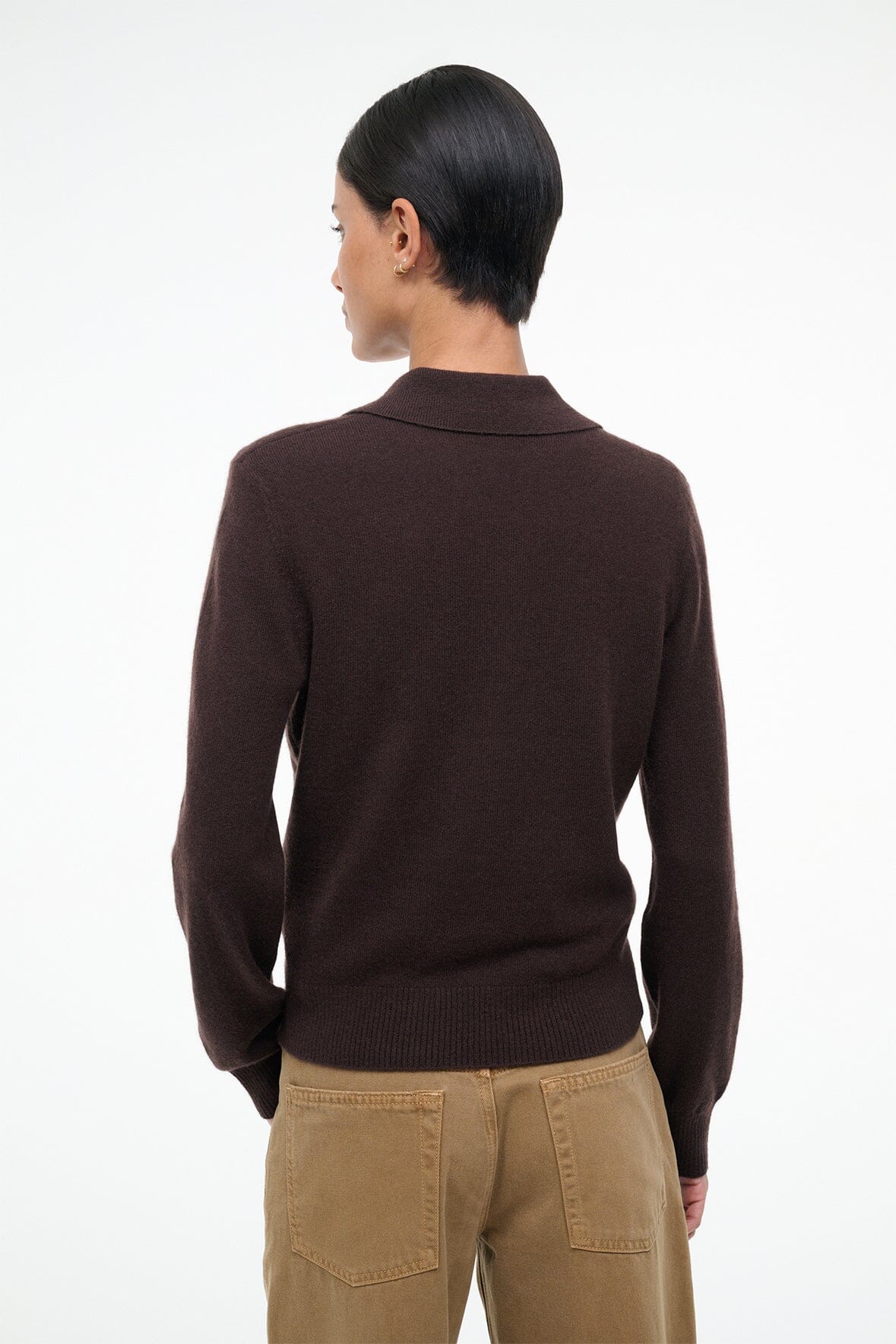 Back view of dark chocolate cashmere polo sweater with long sleeves