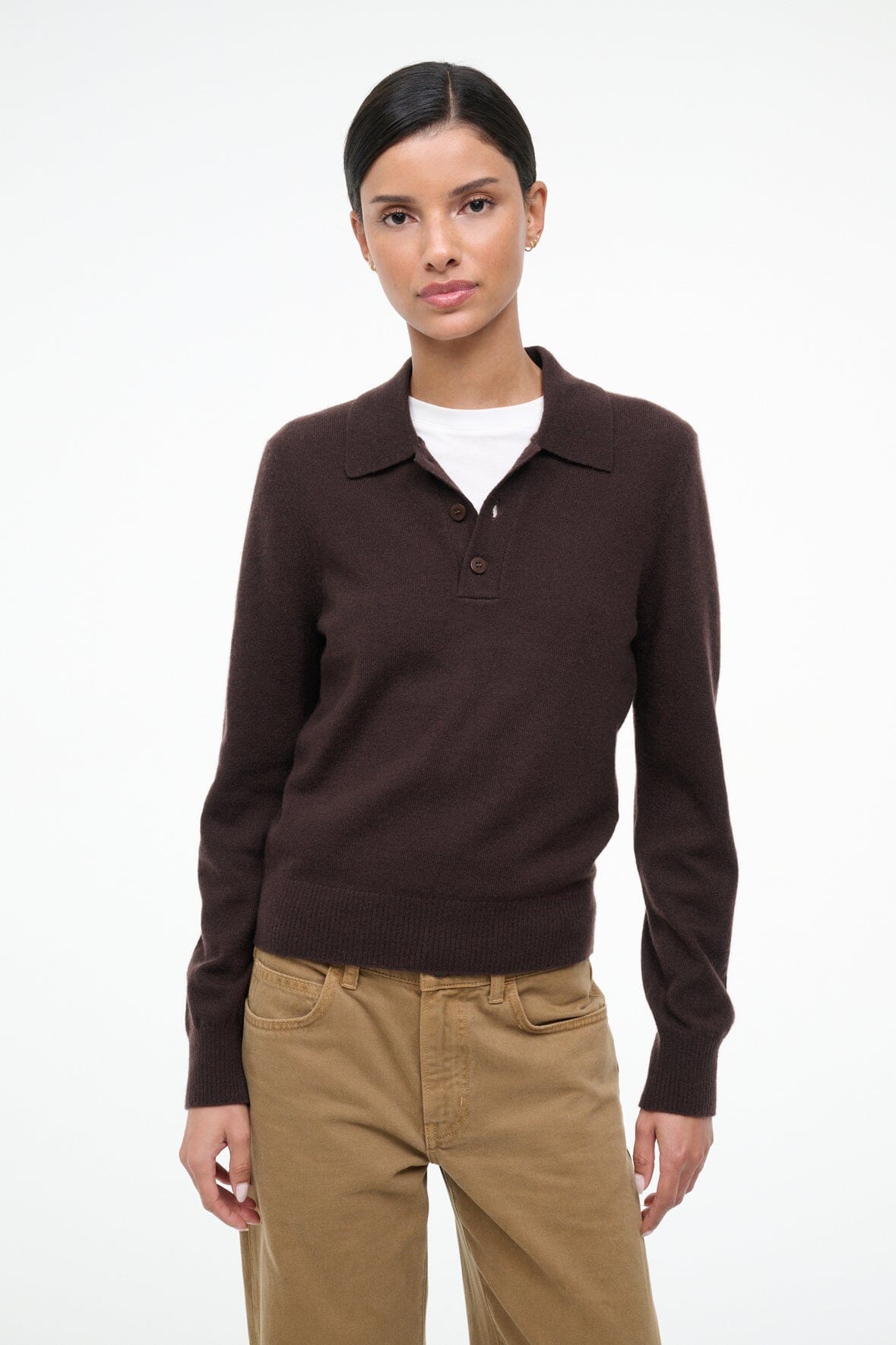 Dark chocolate cashmere polo sweater with ribbed collar and button placket