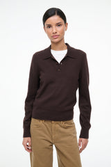 Dark chocolate cashmere polo sweater with ribbed collar and button placket