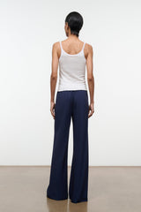 Navy wide-leg pants from back view with full-length straight legs