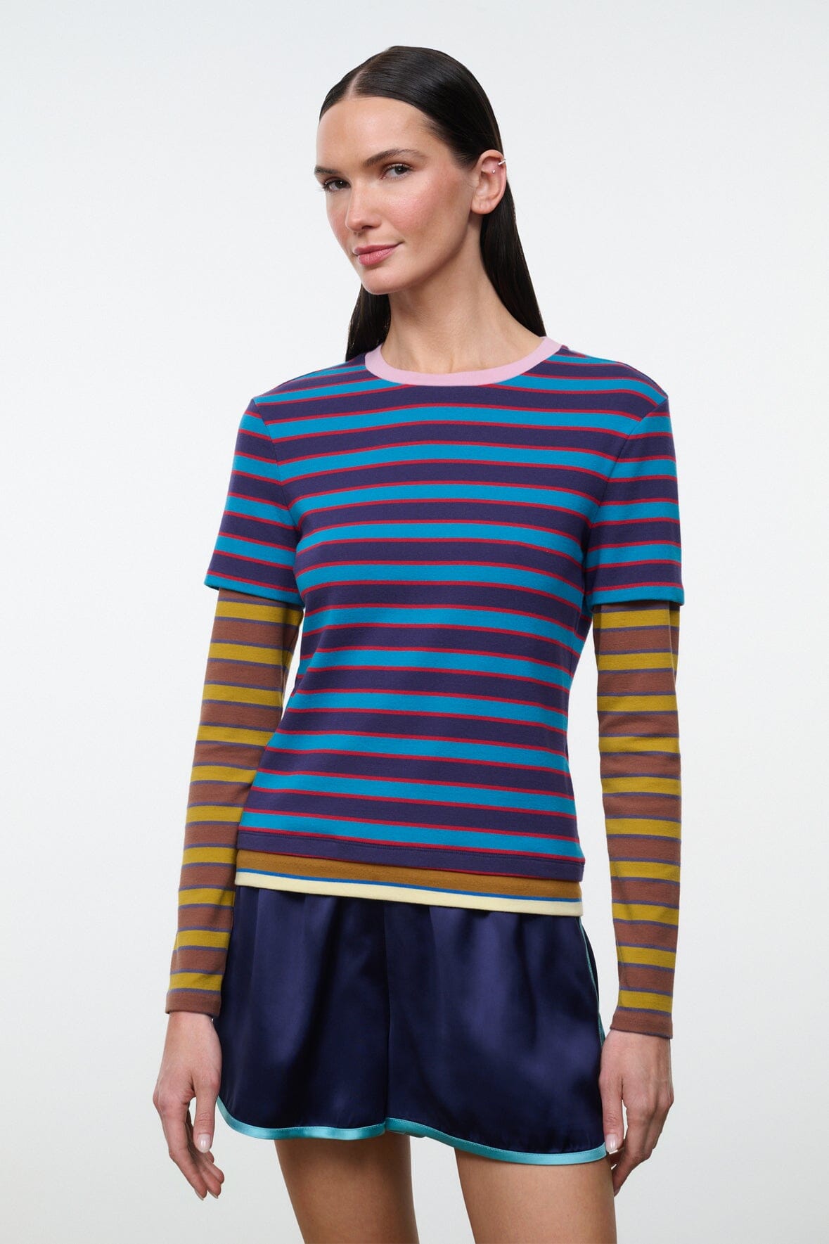 Multicolor striped tee with crew neck, navy/pink striped body and yellow striped sleeves