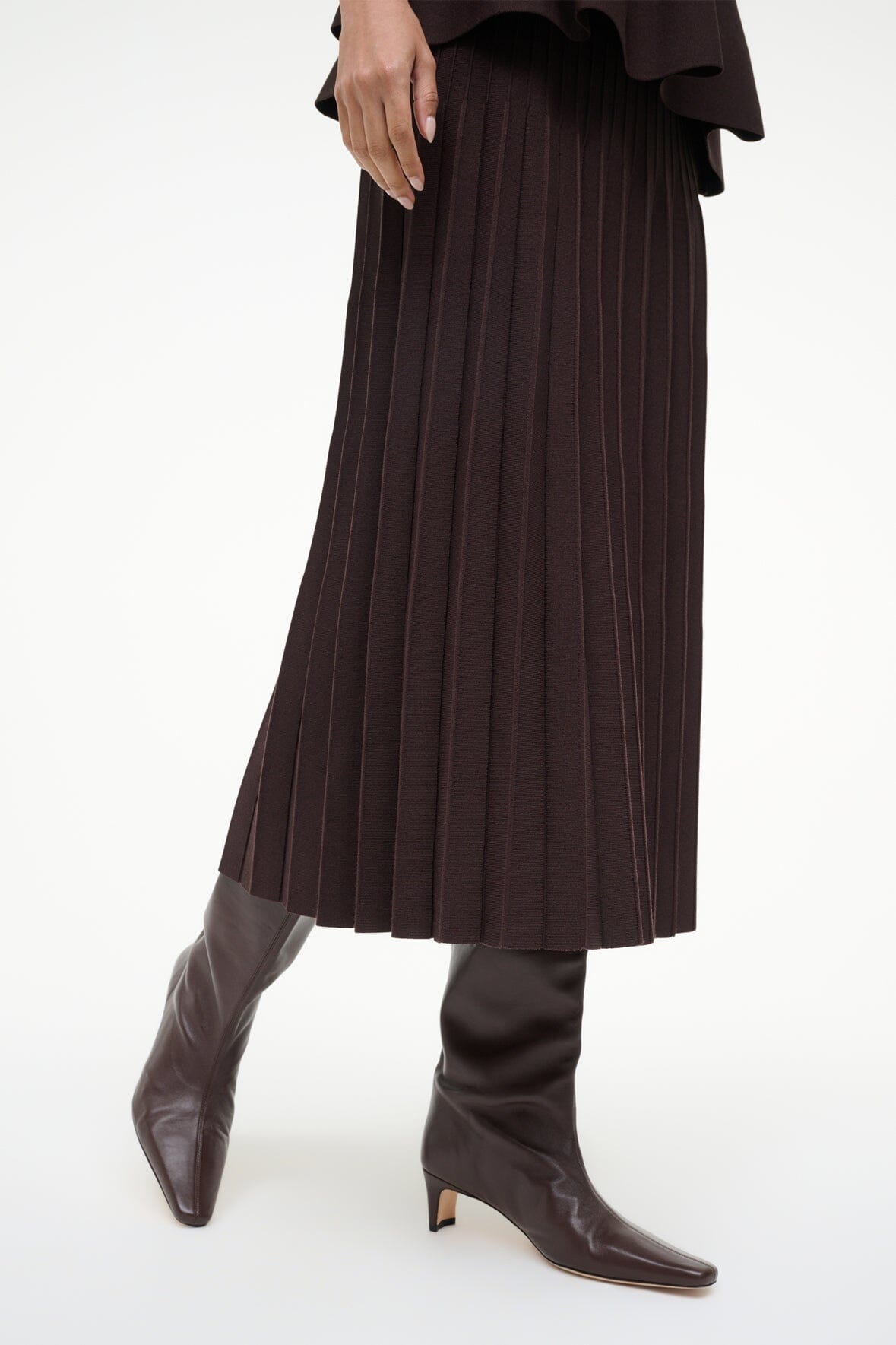 Tall heeled leather-look boots in espresso brown with pointed toe and slim heel