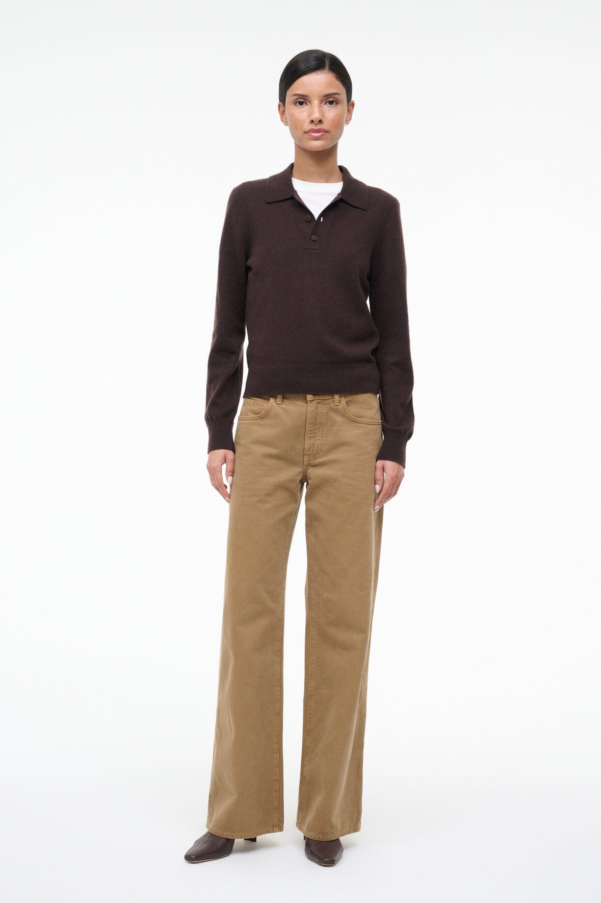 Dark chocolate cashmere polo sweater with button placket and long sleeves