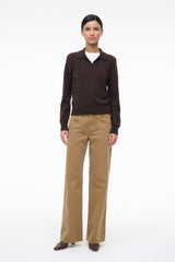 Dark chocolate cashmere polo sweater with button placket and long sleeves