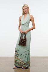 Multicolor beaded mini tote bag with dark braided handles