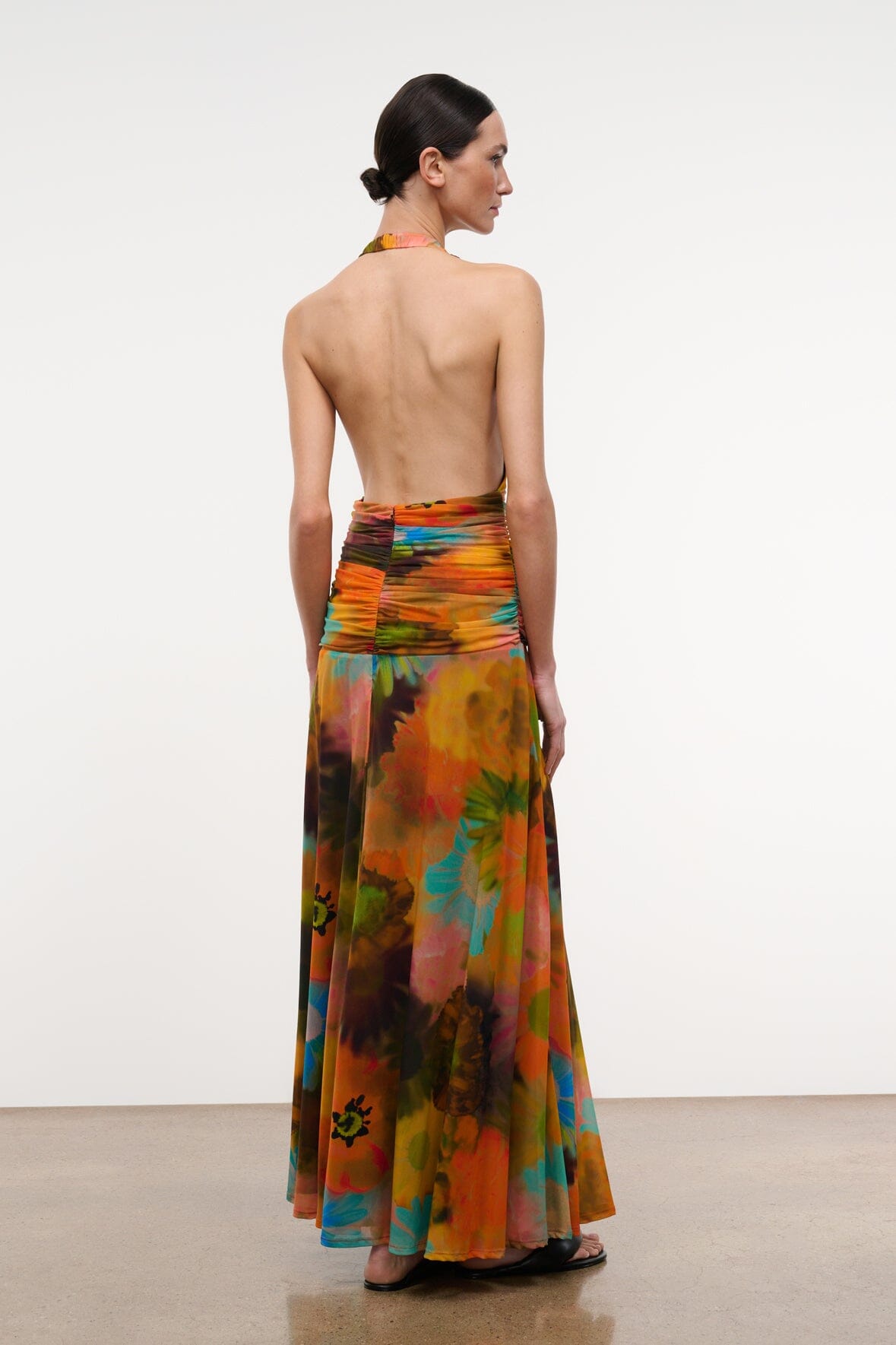 ALESSANDRA halter dress, open back and multicolor abstract print, long flowing skirt