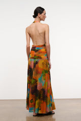 ALESSANDRA halter dress, open back and multicolor abstract print, long flowing skirt