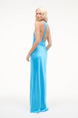 Pool blue satin maxi dress from side, open back with crossover straps