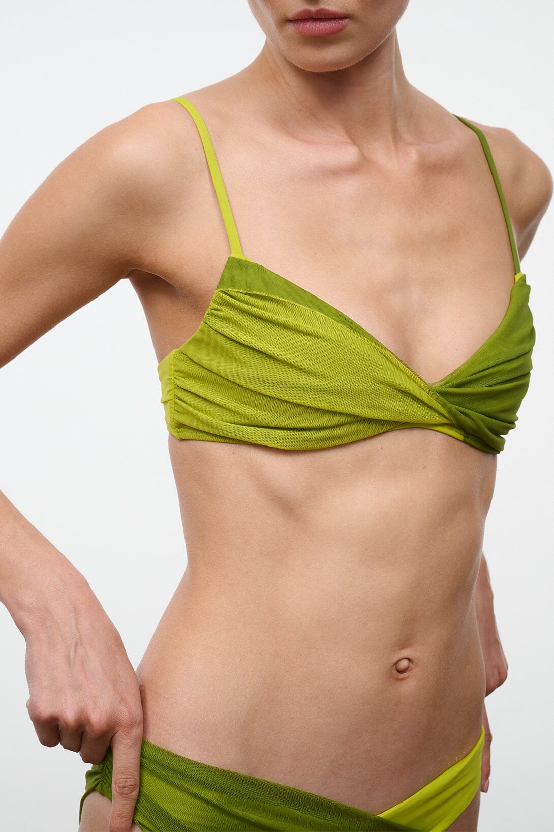 LA MER bikini top, citron pesto green, with draped twist cups and thin straps