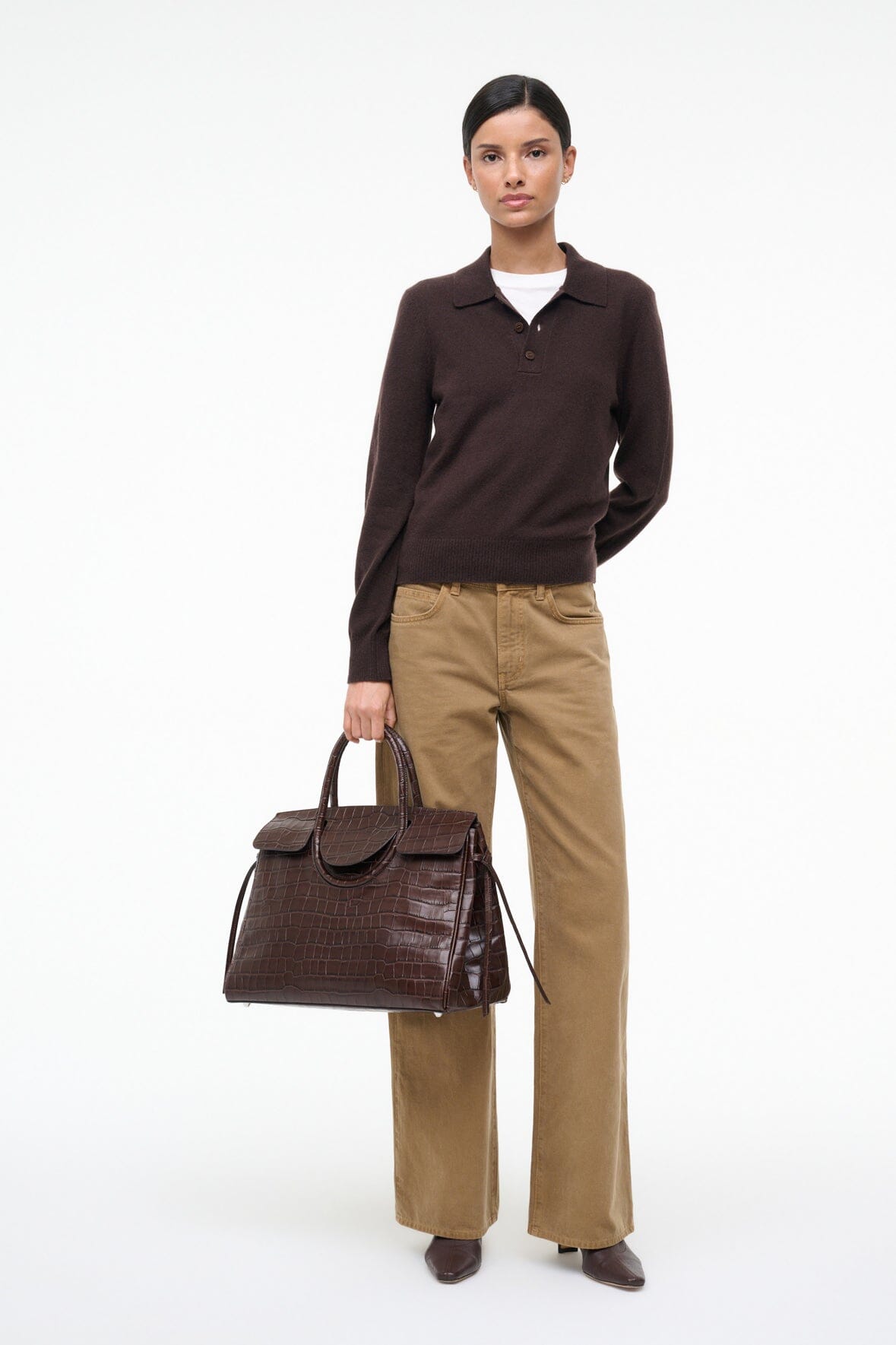 Dark chocolate cashmere polo sweater with button placket and long sleeves