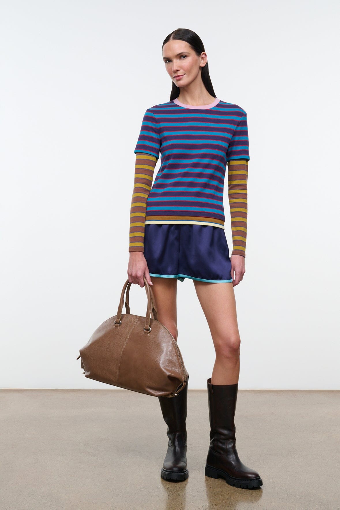 Multicolor striped tee with crew neck and contrast trim, blue/pink stripes with yellow sleeves