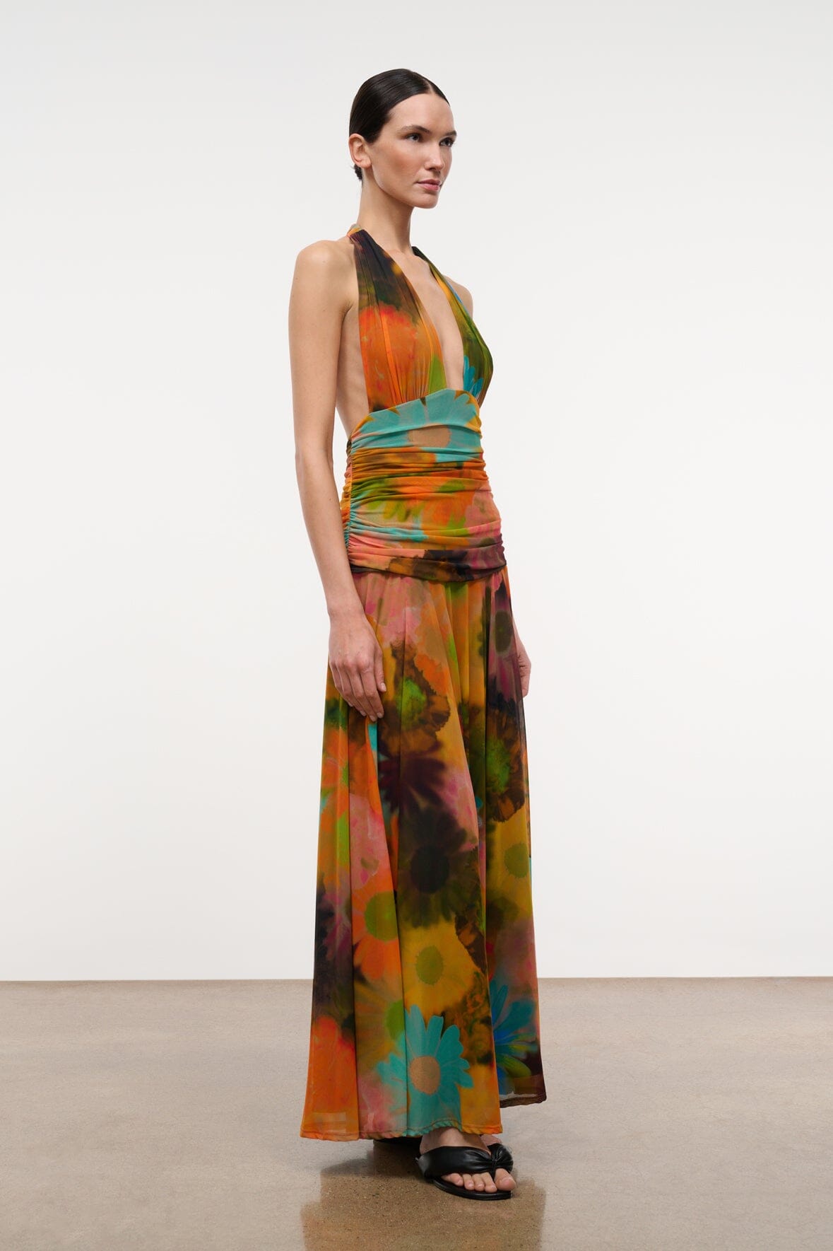 ALESSANDRA halter maxi dress in multicolor abstract print, sleeveless halter neckline