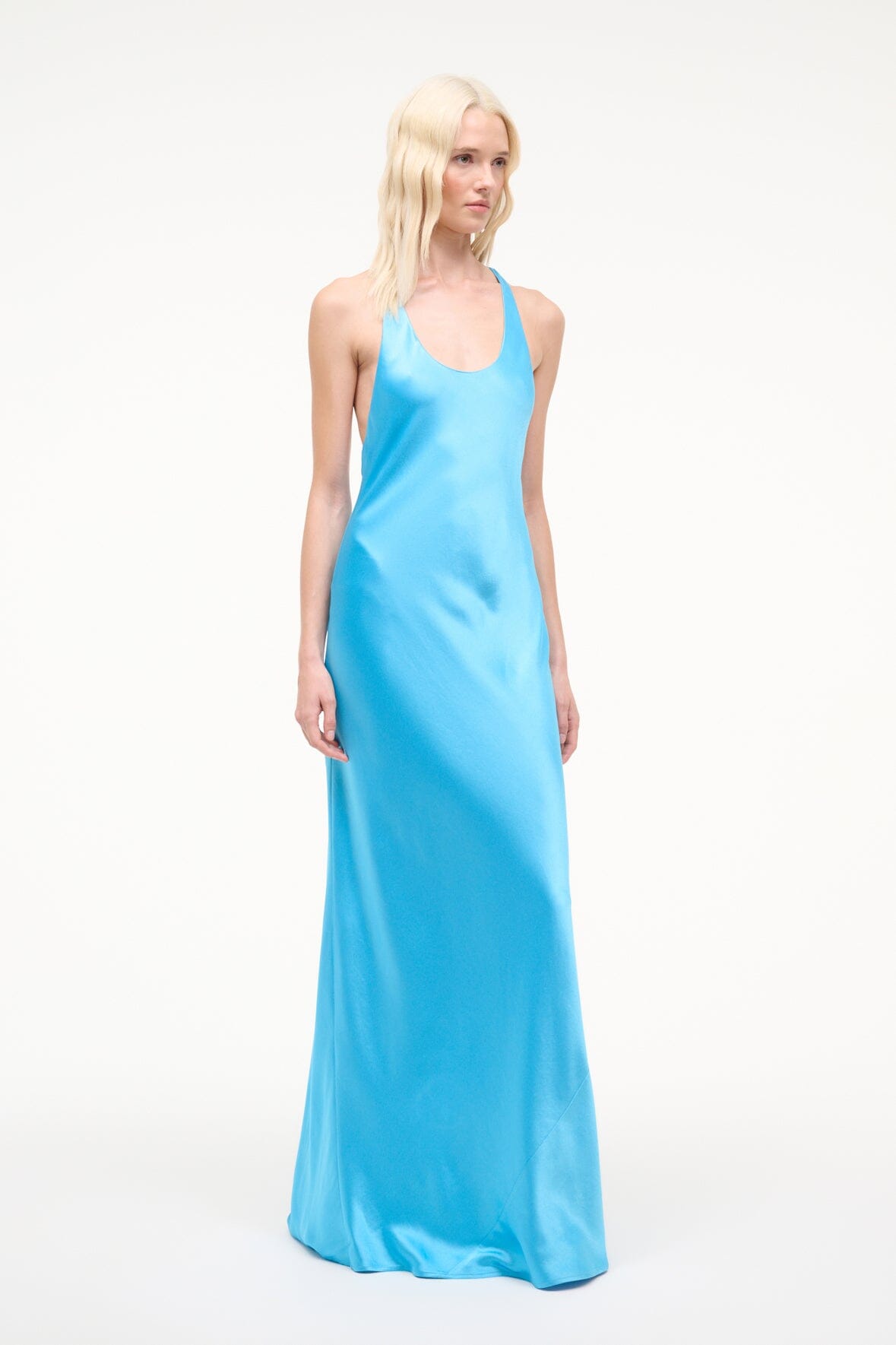 Pool blue satin maxi dress standing front view, scoop neck and long column fit