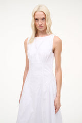 White sleeveless midi dress with scoop neckline and cinched waist