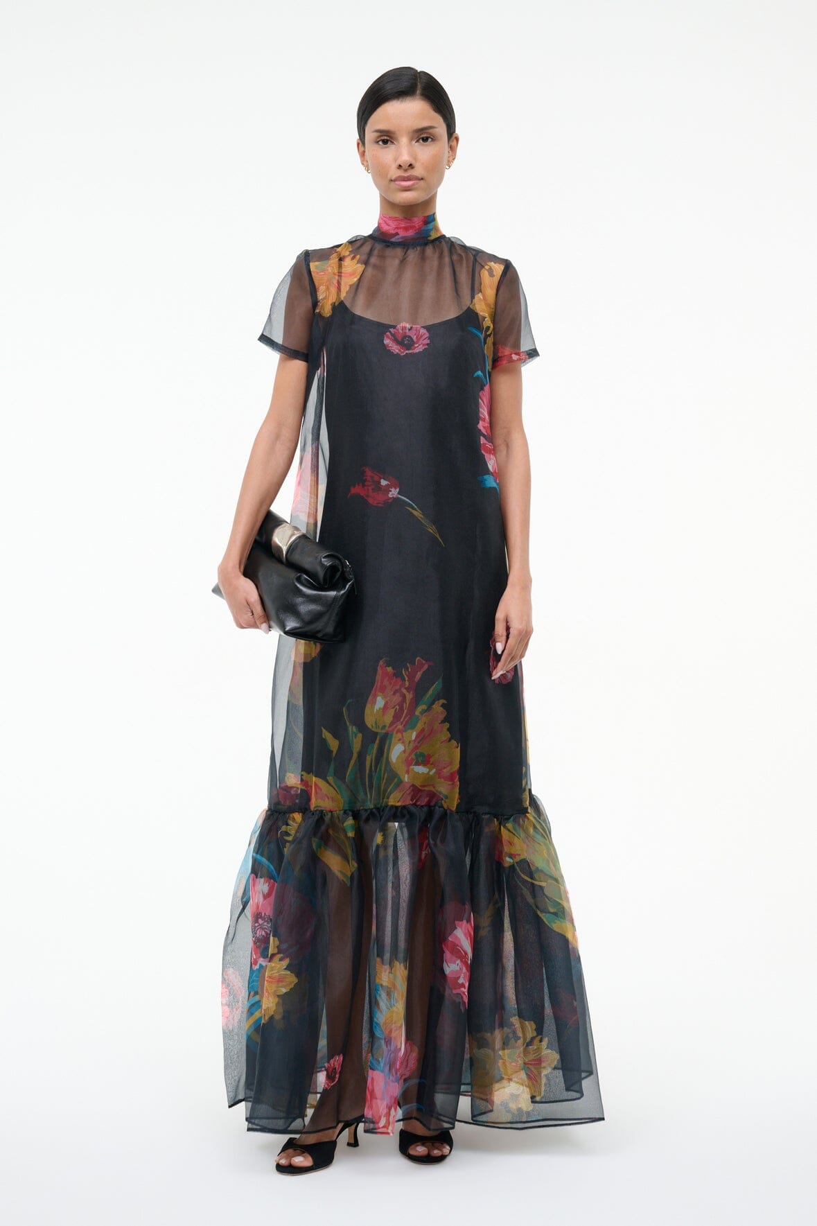 Black floral maxi dress with high neck, short sleeves, and ruffled tiered waist