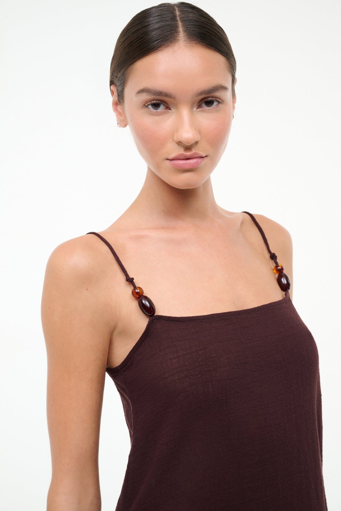Dark chocolate mini coverup dress with spaghetti straps and beaded strap details
