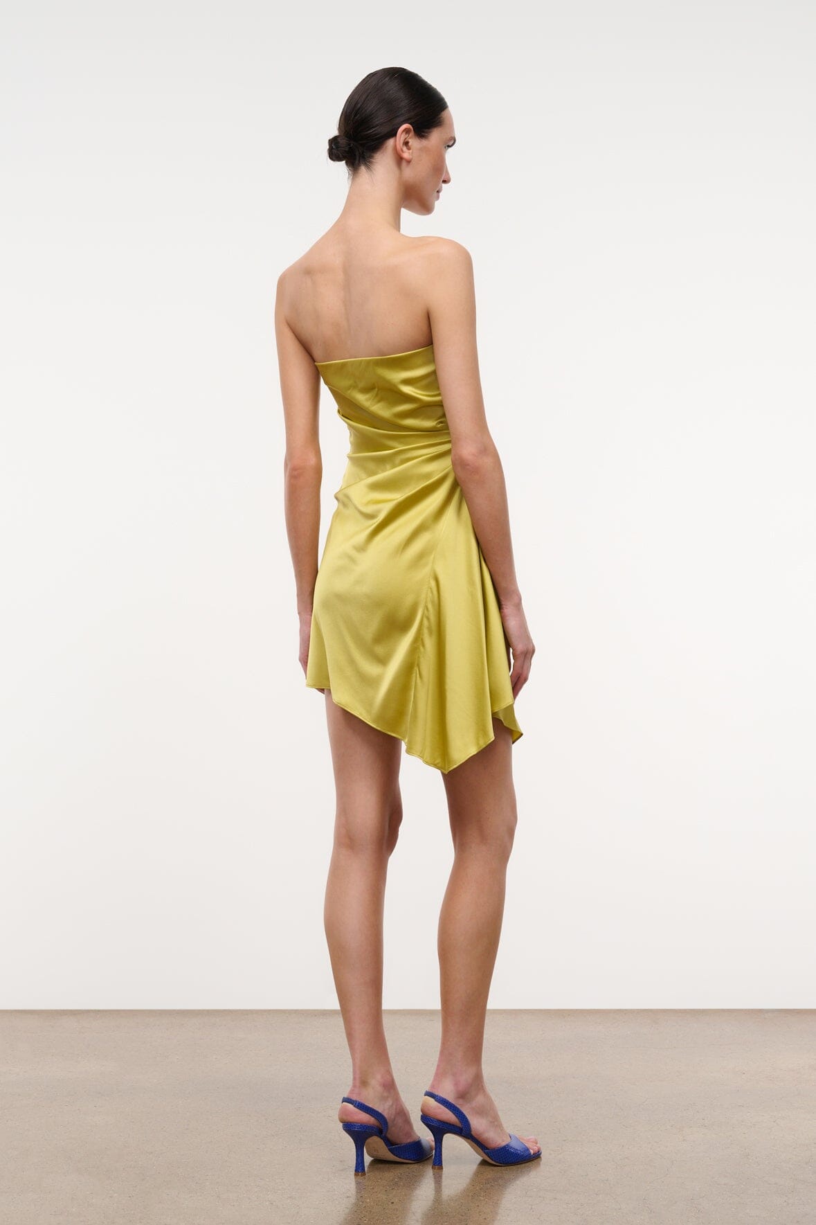 Citron yellow silk strapless mini dress, ruched back and draped skirt