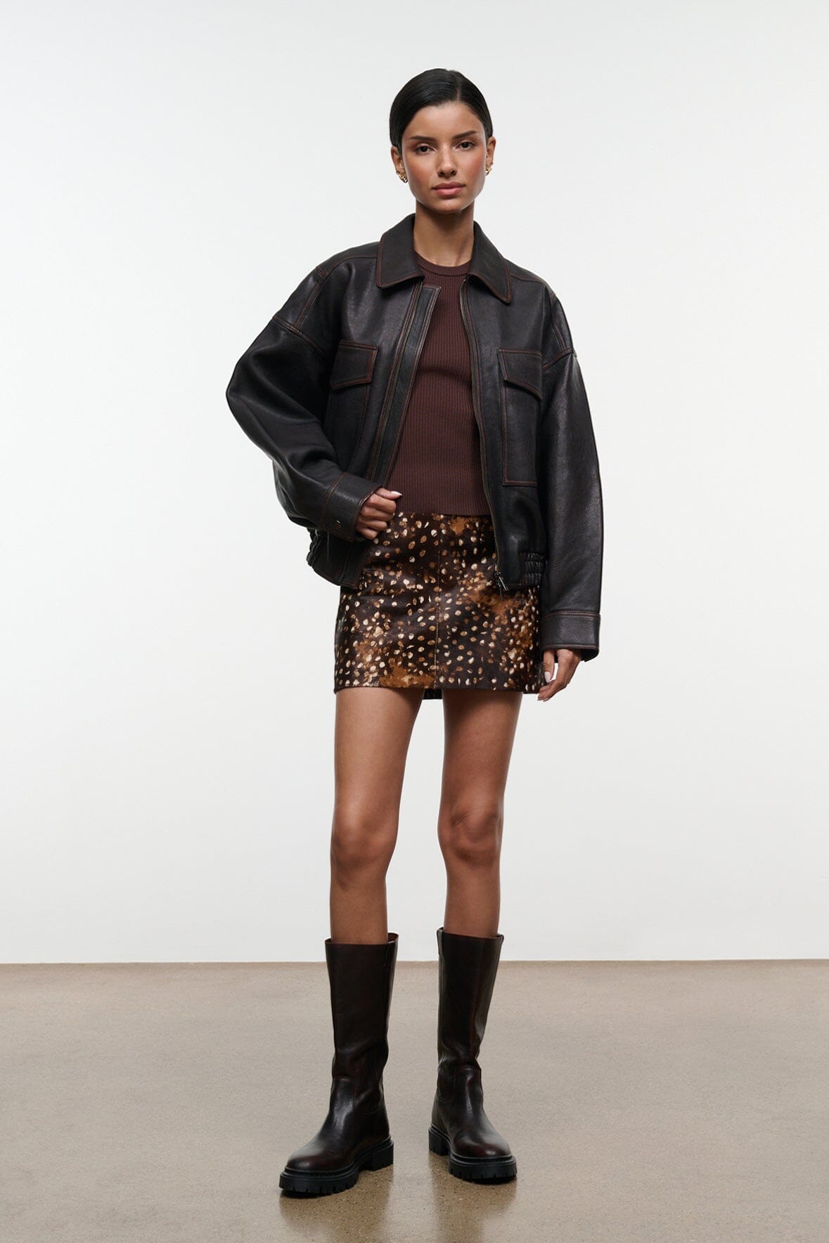 Crest haircalf mini skirt with fawn brown base and dark speckled finish