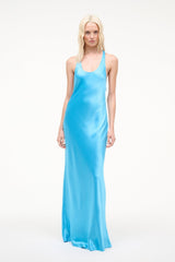 Pool blue satin maxi dress with scooped neckline and long flowing hem