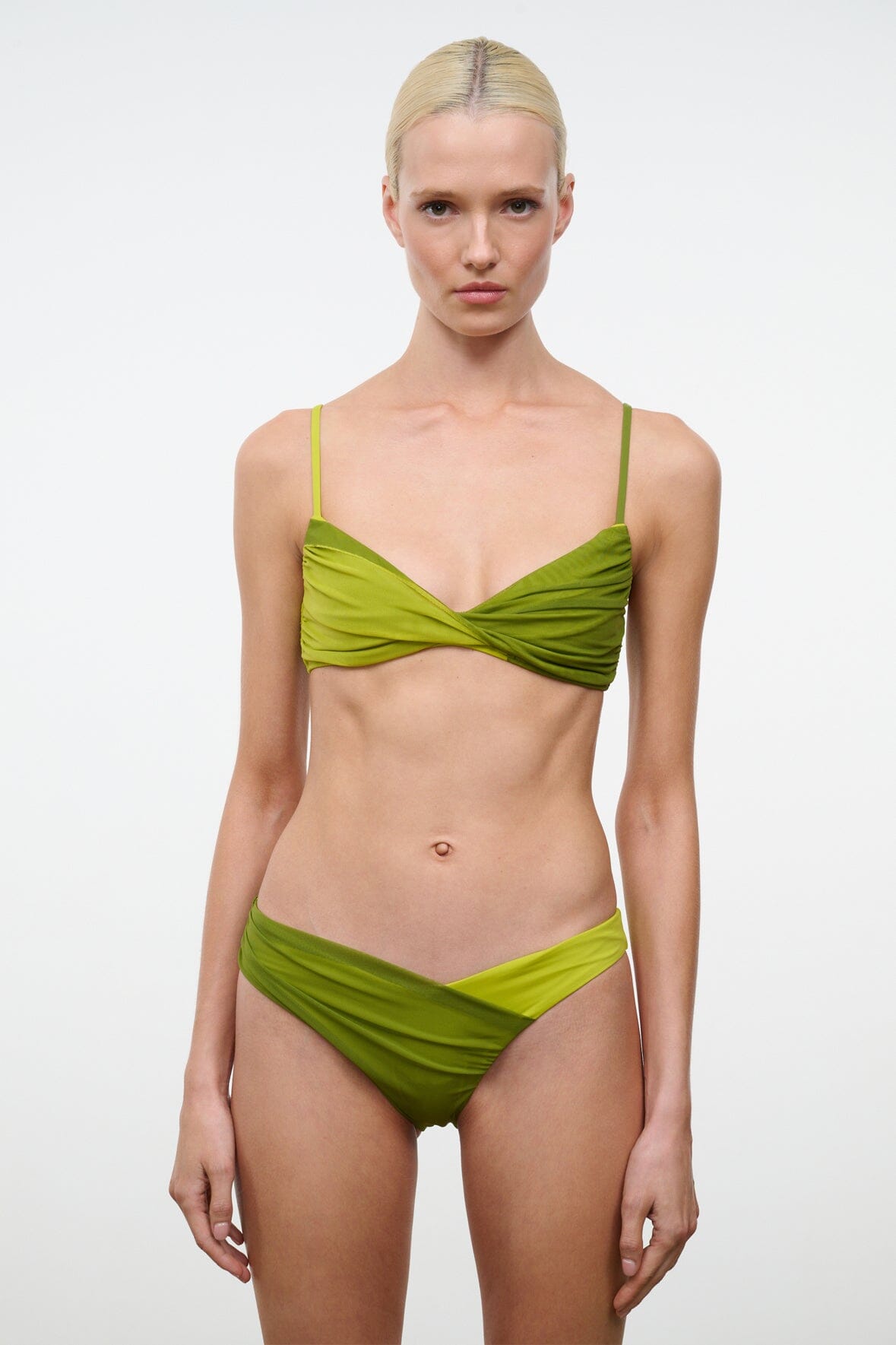 LA MER bikini top in citron pesto green with crisscross twist detail and thin straps