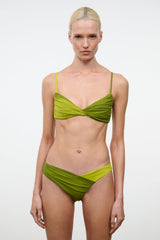 LA MER bikini top in citron pesto green with crisscross twist detail and thin straps