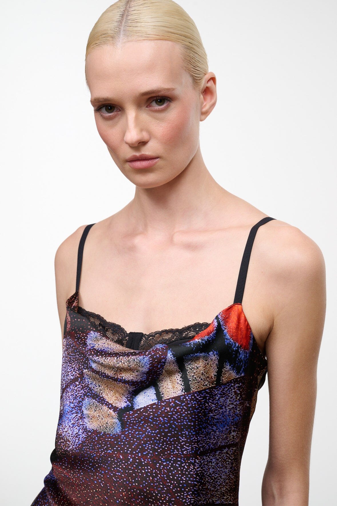 Silk midi dress with spaghetti straps and cowl neckline, multicolor butterfly print