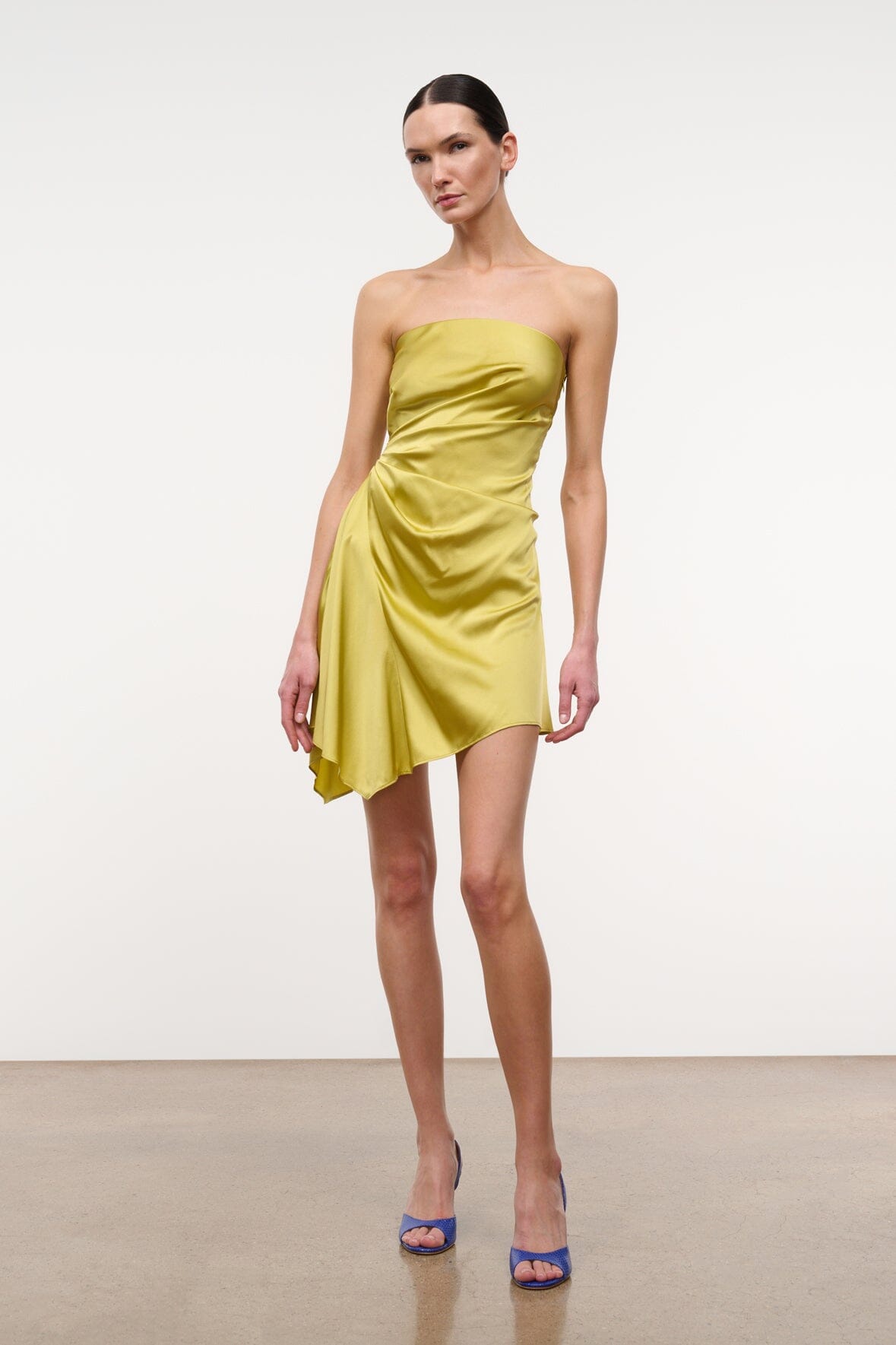 Citron yellow silk strapless mini dress with gathered bodice and draped hem