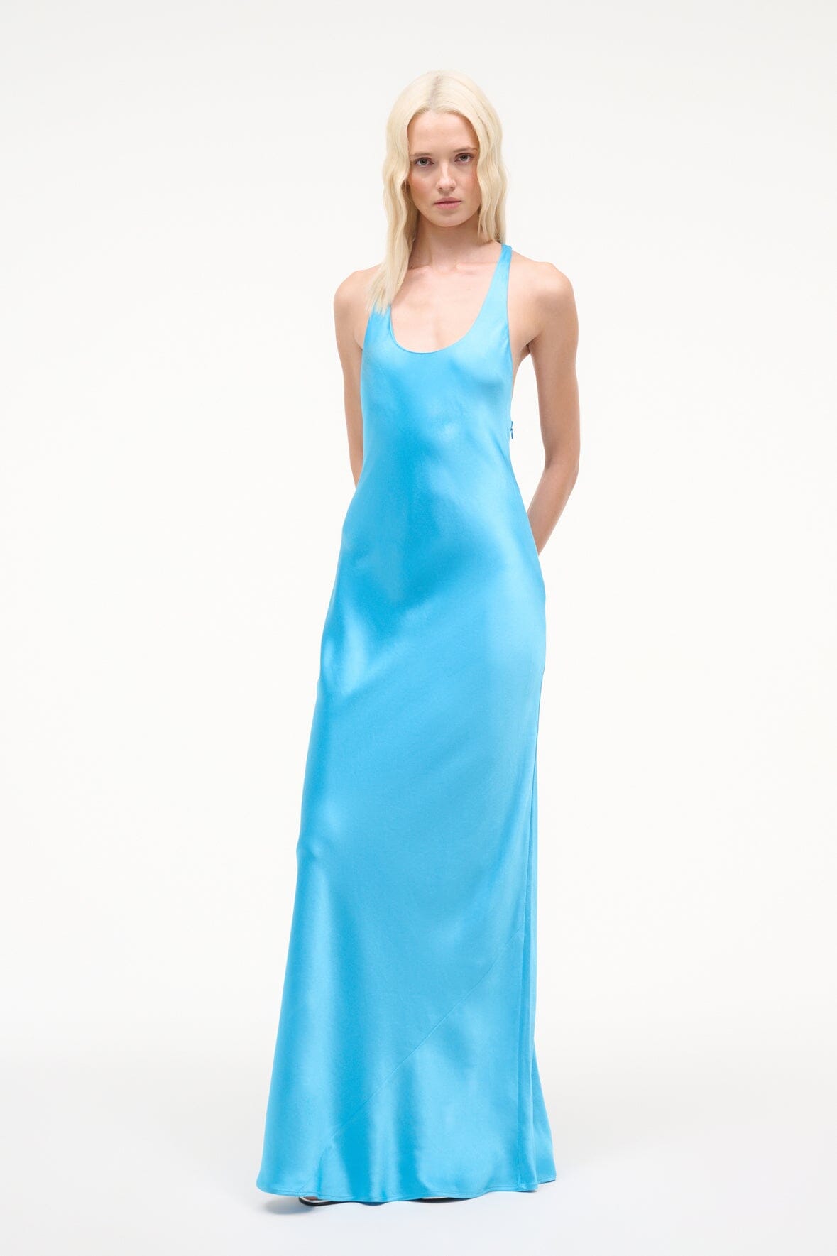 Pool blue satin sleeveless maxi dress, scoop neck, long straight silhouette