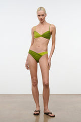 Lime green bikini bottom with ruched waistband and high-cut leg