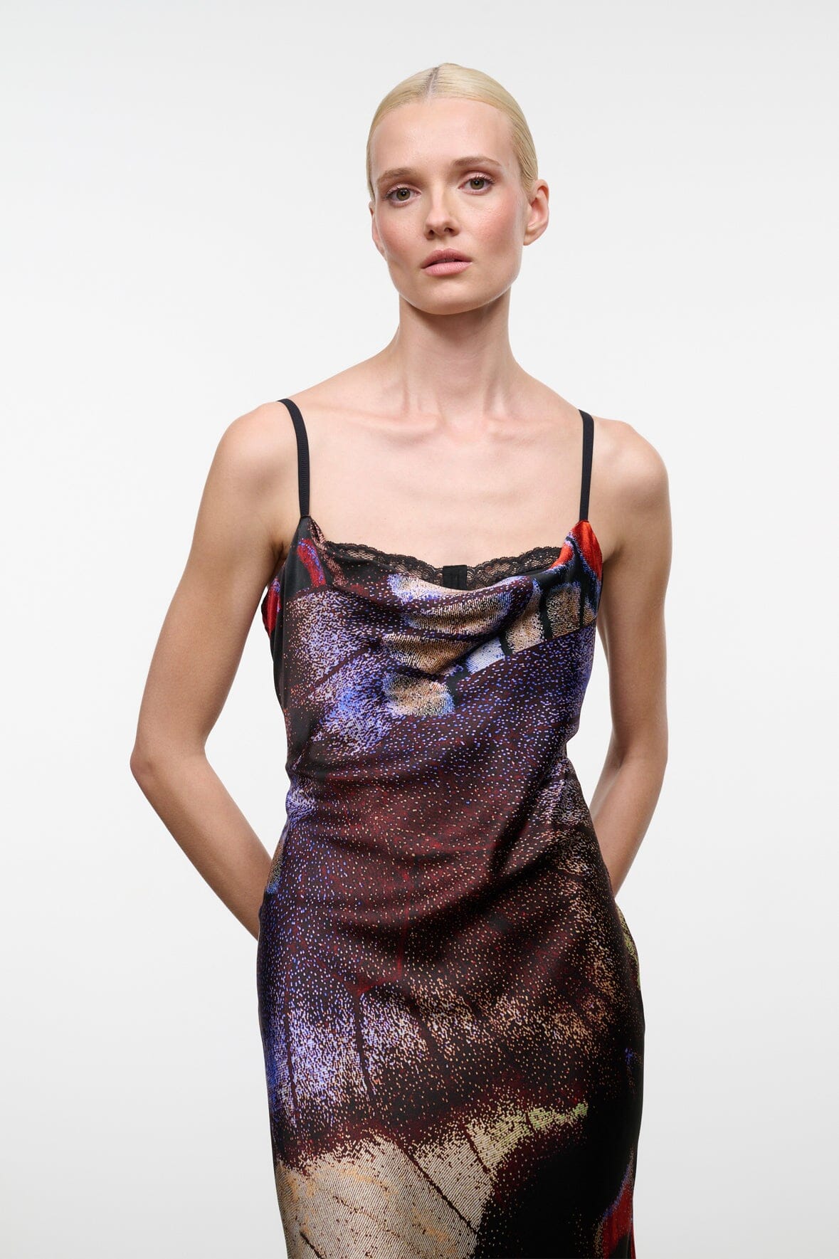 Silk midi dress with draped cowl front, spaghetti straps, multicolor butterfly print