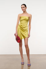 Citron yellow silk strapless mini dress with ruched waist and draped skirt