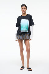 Pleated striped skirt with drawstring waist, vertical blue and gray stripes above knee