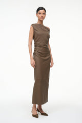 Ruched sleeveless midi dress in truffle brown