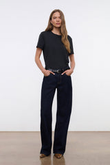 Black crew neck short-sleeve T-shirt with straight hem.