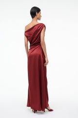 Burgundy silk maxi dress with one-shoulder drape, side ruching, ankle-length skirt