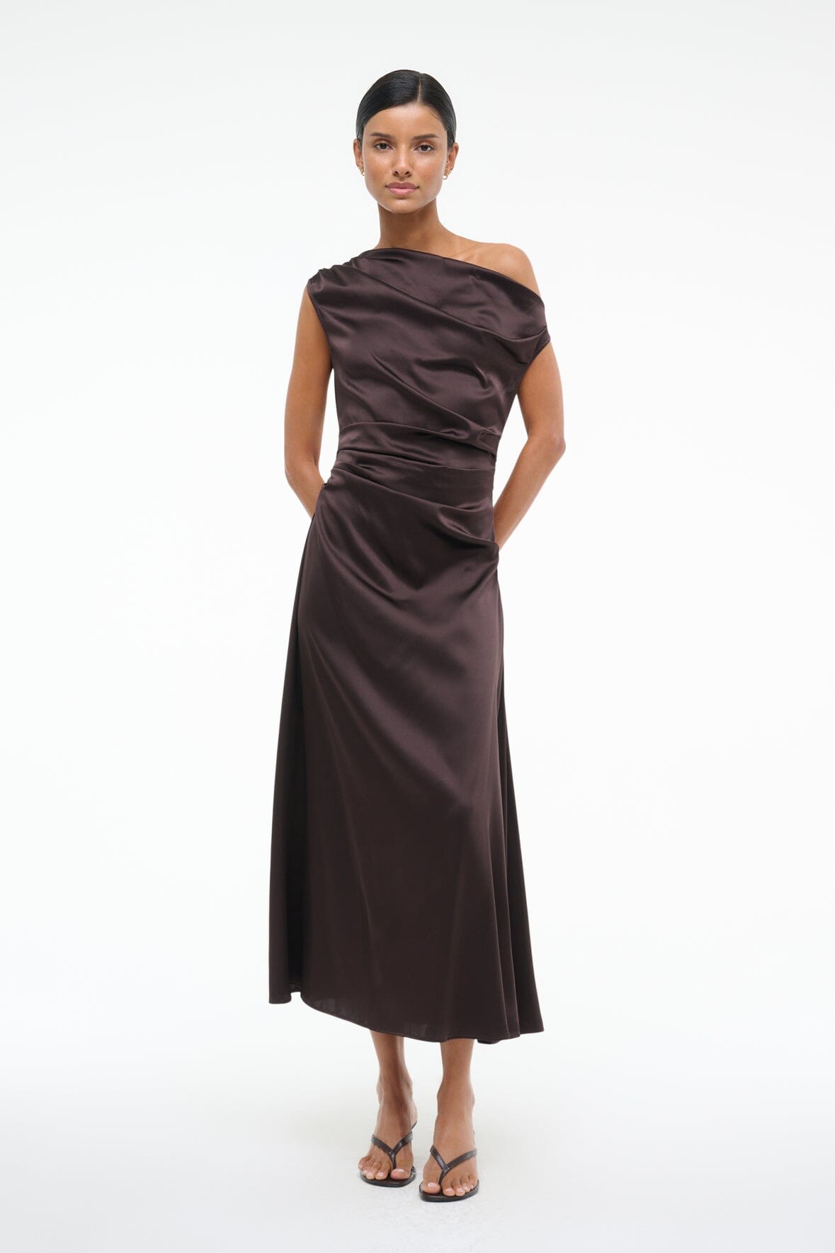 Silk midi dress in dark brown with diagonal one-shoulder design and gathered side