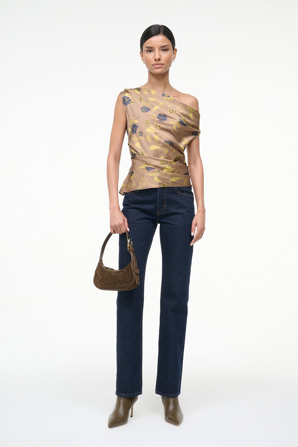 One-shoulder draped silk top with vintage floral print on tan background