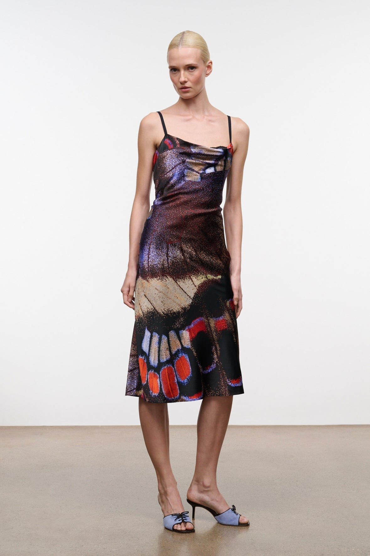 Silk midi dress with thin straps, multicolor butterfly print, straight midi hem